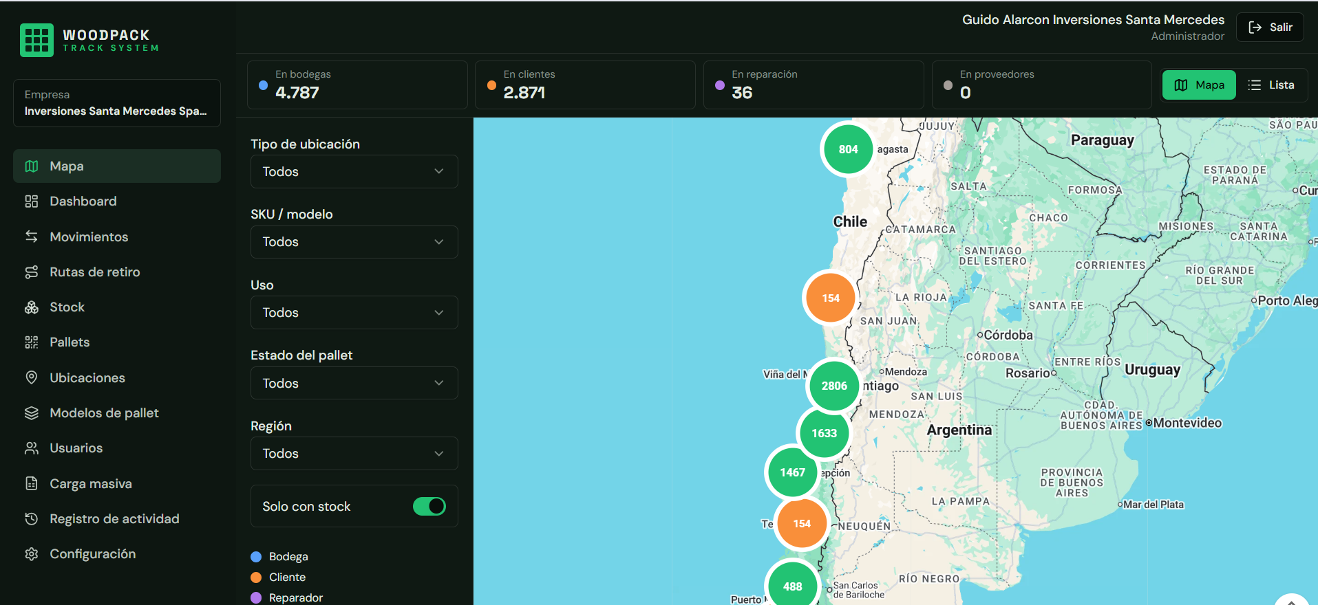 Mapa de ubicaciones con stock de pallets